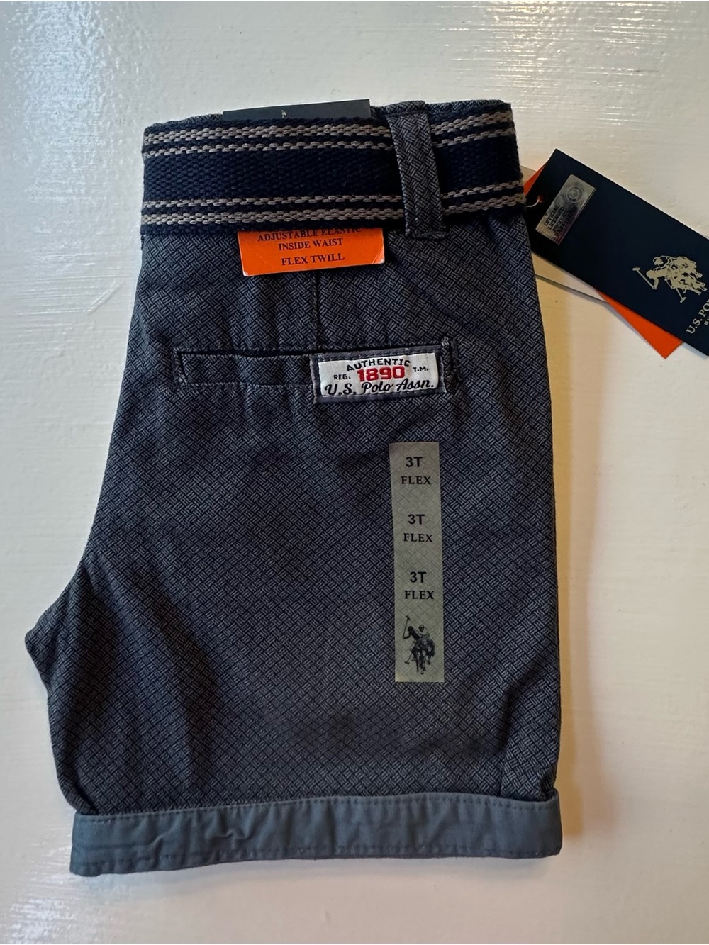 U.S. Polo Assn. Boys Navy and Gray Patterned Shorts with Belt